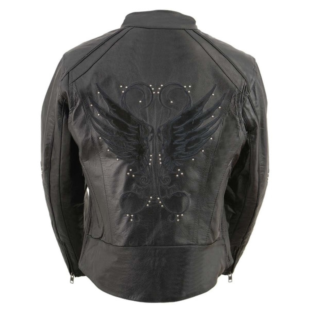 Milwaukee Women's Black Embroidered Wing & Stud Design Genuine Leather Jacket
